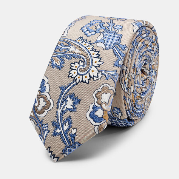 Serrato Ultra Slim Jacobean Paisley Silk Tie, Natural, hi-res